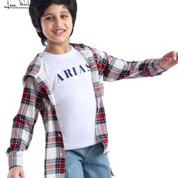 arias by lara dutta Arias Cotton Modal Super Soft Full Sleeves Checkered Hooded Shirt with Text  Print T-Shirt - White & Red-picture-9