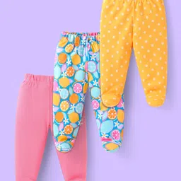 Babyhug Cotton Knit Full Length Footed Leggings With Polka Dot & Fruit Print Pack of 3 - Pink Blue & Yellow-image-46