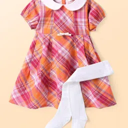 Babyhug Cotton Woven Half Sleeves Checkered Frock With Peter Pan Collar & Stockings - Dark Pink-image-24