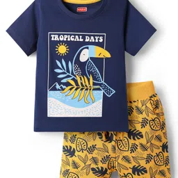 Babyhug Single Jersey Knit Half Sleeves T-Shirt & Shorts Set with Tropical Print - Navy Blue image 1