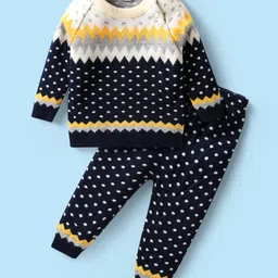 Babyhug Knitted Full Raglan Sleeves Sweater Set with Argyle Design - Navy Blue & Yellow-picture-26