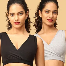 The Mom Store Cotton Knit Pack Of 2 Solid Maternity Nursing Sleep Bras - Black & Grey-picture-22