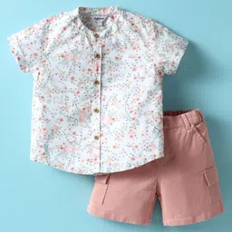 ToffyHouse Poplin Woven Half Sleeves Mandarin Collar Shirt & Shorts With Floral Print - White & Pink-picture-24