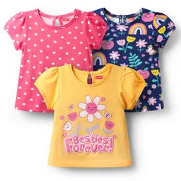 Babyhug 100% Cotton Knit Half Sleeves T-Shirts with Rainbow Floral & Polka Dot Print Pack of 3 - Pink & Navy Blue-picture-30