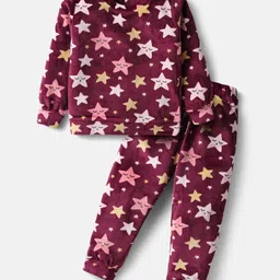Babyhug Velour Woven Full Sleeves Winter Wear Suit With Star Print - Maroon-picture-19