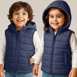 Babyhug Woven Sleeveless Solid Padded Hooded Jacket - Navy Blue-picture-13