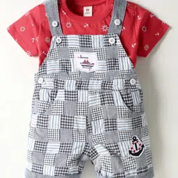 ToffyHouse Corduroy Woven Half Sleeves Dungaree With T-Shirt & Checks - Red-picture-12