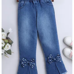 Bright Stars KIDSWEAR Woven Mild Washed Bow Applique Detailed & Pearls Embellished Wide Leg Jeans - Blue-picture-14