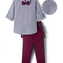 Mark & Mia Woven Full Sleeves Checkered Party Shirt & Trouser Set with Bow & Suspender - Wine-picture-11