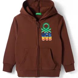 UCB Fleece Knit Full Sleeves Front Open Hooded SweatJacket with Brand Name Print & Kangaroo Pockets - Brown-picture-23