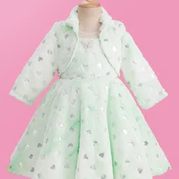 Enfance Hearts Foil Printed Knee Length Dress With Full Sleeves Coordinating Shrug - Green-picture-21
