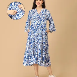 The Mom Store Cotton Knit Three Fourth Bell Sleeves Floral Printed Maternity Dress With Side Zipper Nursing Access - Multi Colour-image-5