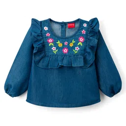 Babyhug Woven Denim Full Sleeves Top with Floral Embroidery & Frill Detailing- Blue-picture-11