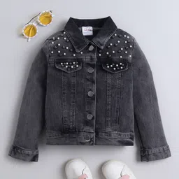 Bright Stars KIDSWEAR Denim Woven Full Sleeves Pearl Embellished Washed Jacket - Black-picture-21