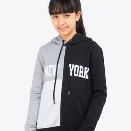 Ariel Cotton Knit Full Sleeves New York Text Printed Light Winter Hoodie - Grey & Black-picture-25