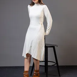 all about you Mock Neck Pleated Long Sleeve Asymmetrical Hemline Woollen Fit & Flare Dress image 2