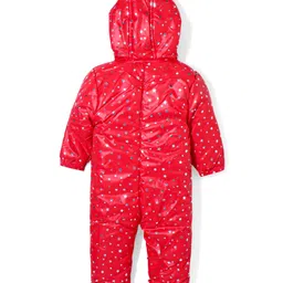 Babyhug Full Sleeves Hooded  Winter Romper Star Foil Print - Red image 2