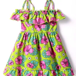Babyhug Cotton Knit Singlet Sleeves Frock with Floral Print - Light Green image 2