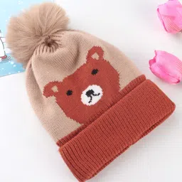 Babyhug Knit Woollen Cap With Teddy Bear Design Brown - Diameter 9 cm image 2