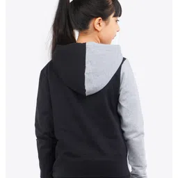 Ariel Cotton Knit Full Sleeves New York Text Printed Light Winter Hoodie - Grey & Black image 3