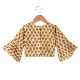 Babyhug 100% Cambric Bell Sleeve Printed Lehenga Choli And Dupatta Set With Mirror Embroidery Detailing- Light Green image 3