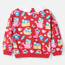 Babyhug Knit Full Drop Shoulder Sleeves Sweatshirt with Floral Graphics & Lace Detailing - Red image 3