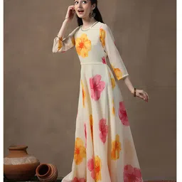 Fashion Dream Georgette Woven Three Fourth Sleeves Floral Printed Dress - Off White image 4