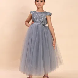 Toy Balloon Kids Net Woven Cap Sleeves Floral Applique Detailed Sequins Embellished Gown - Grey image 5