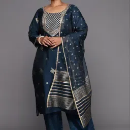 Extra Love By Libas Blue Woven Pattern Kurta Palazzo Set With Dupatta-picture-15