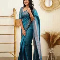 Anjaneya Sarees Teal Blue Silk Woven Saree With Unstitched Blouse-picture-27