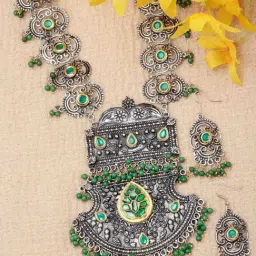 Moedbuille Crystals Studded Antique Tribal Design Oxidised Silver Plated Filigree Jewellery Set-image-4