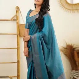Anjaneya Sarees Teal Blue Silk Woven Saree With Unstitched Blouse image 2