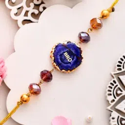 Aapno Rajasthan Bro Gold & Blue Resin Carved Beaded Single Rakhi-picture-36