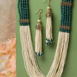 Moedbuille Sea Green & White Beads Studded Tasselled Design Oxidised Gold Plated Necklace Set-picture-16