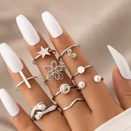 Jewels Galaxy Set Of 9 Silver-Plated Stone-Studded Adjustable Finger Ring image 4