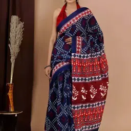 Satrani Navy & Red Cotton Printed Saree With Unstitched Blouse-image-3