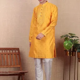 Koshin Floral Woven Design Long Sleeves Mirror Work Jacquard Art Silk Straight Kurta image 3