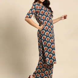 Sangria Women Navy Blue Ethnic Motifs Printed Pure Cotton Kurta with Palazzos image 2