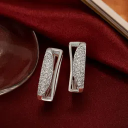 Nipura 925 Sterling Silver Rhodium-Plated CZ Studded Contemporary Shaped Hoop Earrings-picture-43