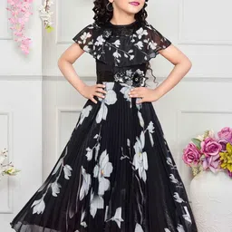 Lagorii Girls Floral Printed Round Neck Cape Sleeves Fit & Flare Maxi Dress-picture-49
