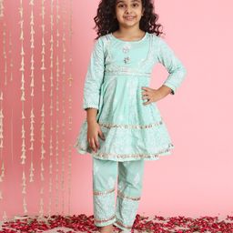 READIPRINT Three Fourth Sleeves Seamless Floral Design Printed & Gota Lace Embellished Kurta With Coordinating Sharara - Green-picture-38