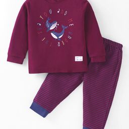 Zero Interlock Knit Full Sleeves T-Shirt & Lounge Pants Set With Arctic Animals Print - Maroon-picture-10