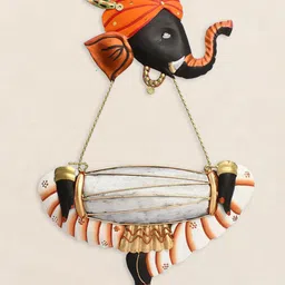 eCraftIndia Handcrafted Iron Lord Ganesha Wall Hanging Playing Dholak Musical Instrument Decorative Showpiece-image-0