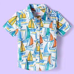 Babyhug Cotton Knit Half Sleeves Collar Shirt with Beach Theme Print- Light Blue & White-picture-26