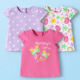 Babyhug Cotton Knit Cap Sleeves T-Shirts with Hearts & Butterfly Print Pack of 3 - Pink Lavender & White-image-48