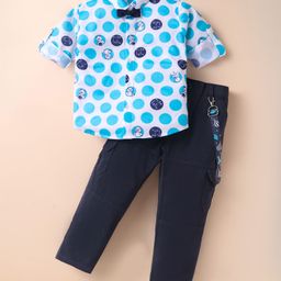 Dapper Dudes Full Sleeves Teddy Bear Printed Shirt With Pant Suspender & Bow - Sky Blue-picture-25