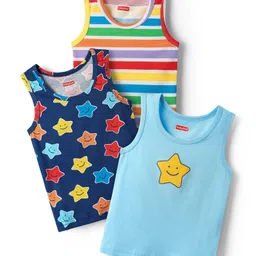 Babyhug 100 % Cotton Sleeveless Star Printed & Striped Vests Pack Of 3 - Light Blue Yellow & Navy Blue-picture-32