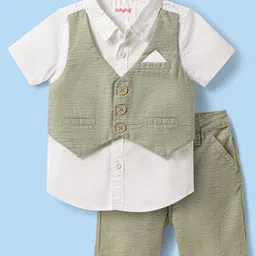 Babyhug Cotton Woven Half Sleeves Solid Color Shirt & Shorts Set with Attached Waistcoat - White & Light Green-picture-16