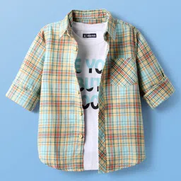 Pine Kids Cotton Knit Full Sleeves Checkered Shirt with T-Shirt - Aqua Blue-image-97