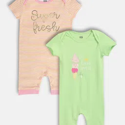 MINI KLUB Cotton Knit Pack Of 2 Half Sleeves Super fresh Text Printed & Ice Cream Printed Rompers - Green & Pink-picture-21